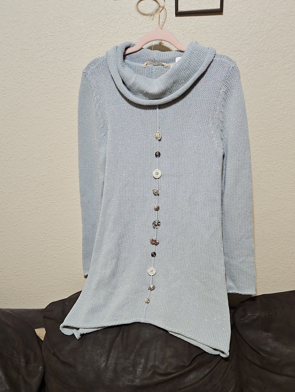 Soft Surroundings Light Blue Cowl-front Sparkly And Decorative Button Sweater